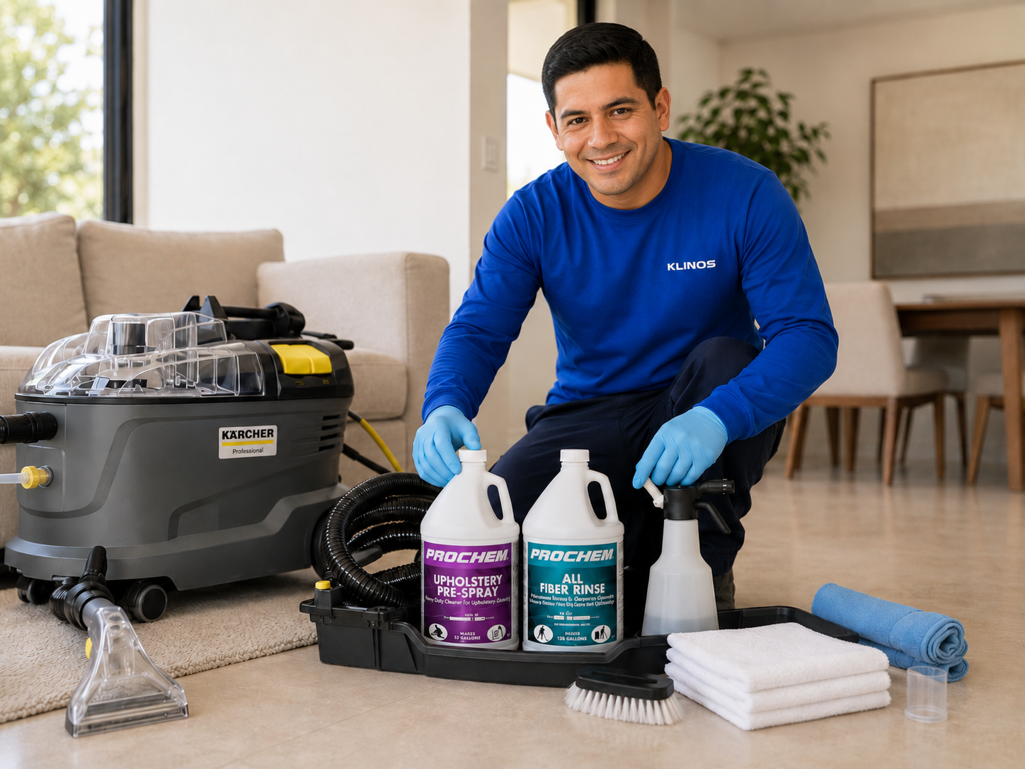 Técnico Klinos con equipo Kärcher y productos Prochem